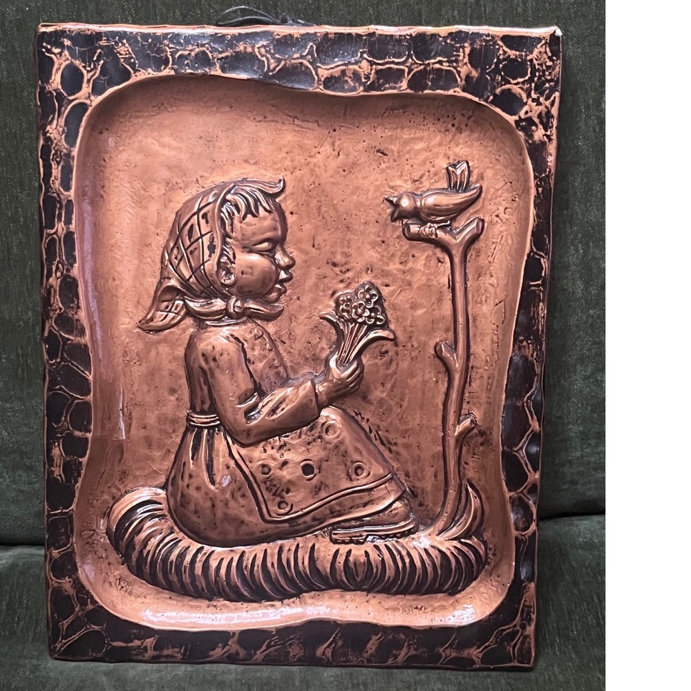 Vtg Mid-Century Chalkware Wall Plaque Faux Copper Girl Bird 60s Cottagecore